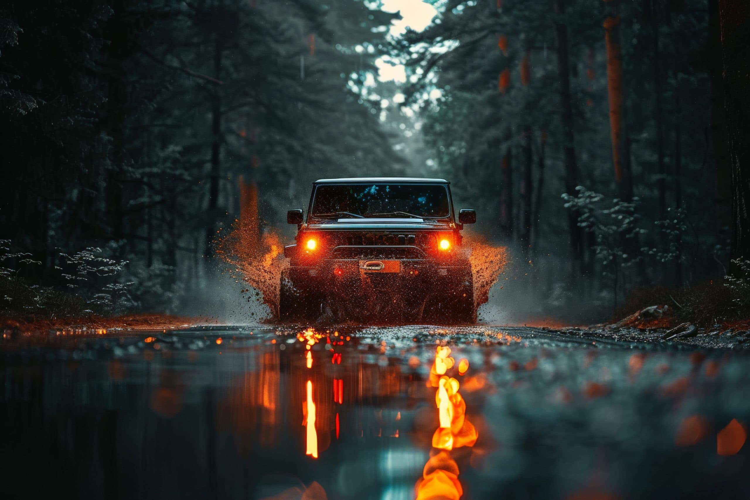 Jeep moving through rain with weatherproof lights on