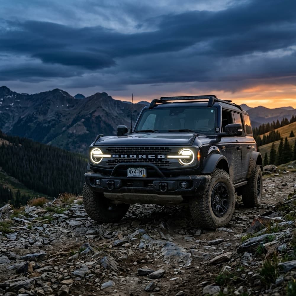 Ford Bronco with Rockcats LED headlights lit on a rocky mountain trail at dusk