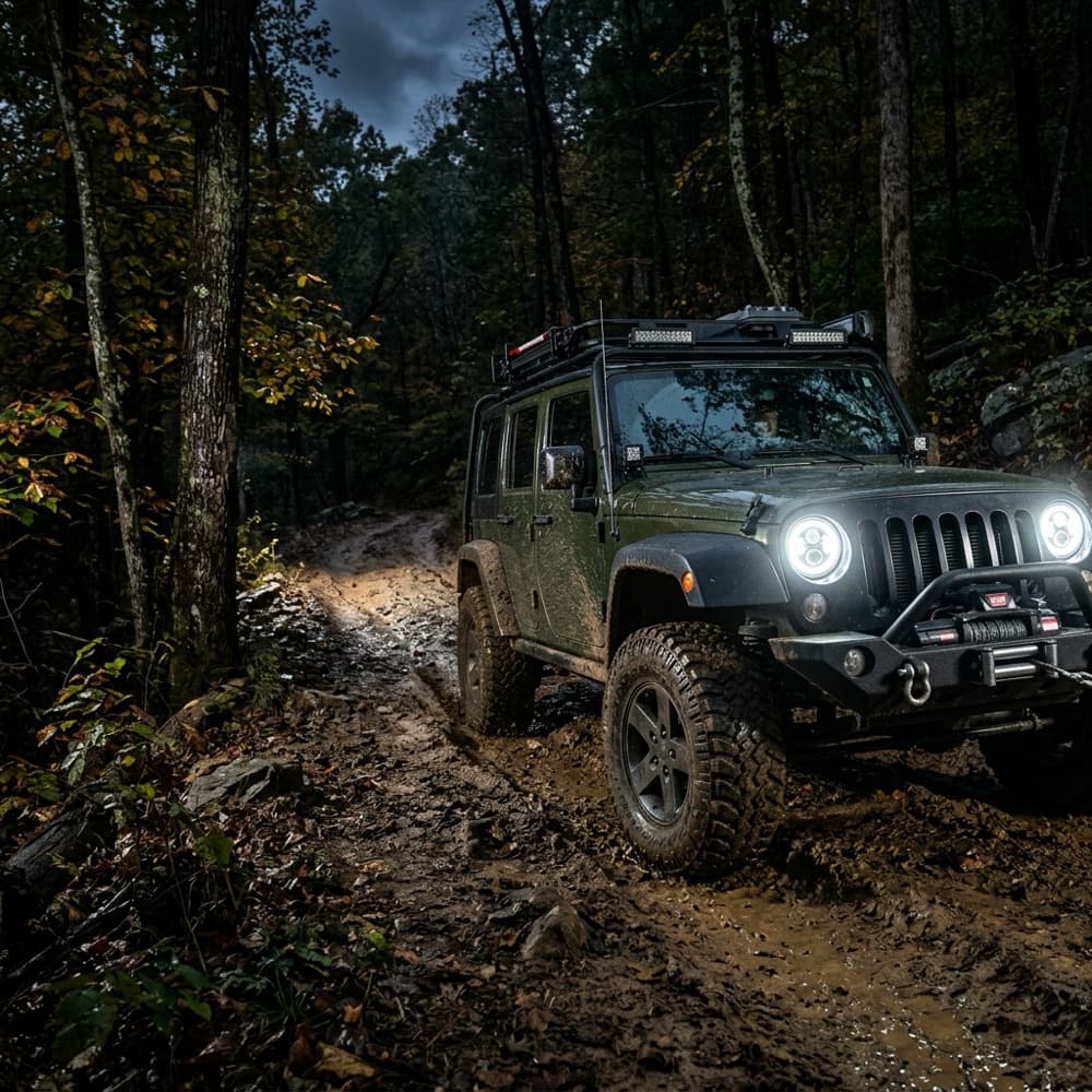 Jeep with Rockcats 7-inch round LED headlights lit on the trail