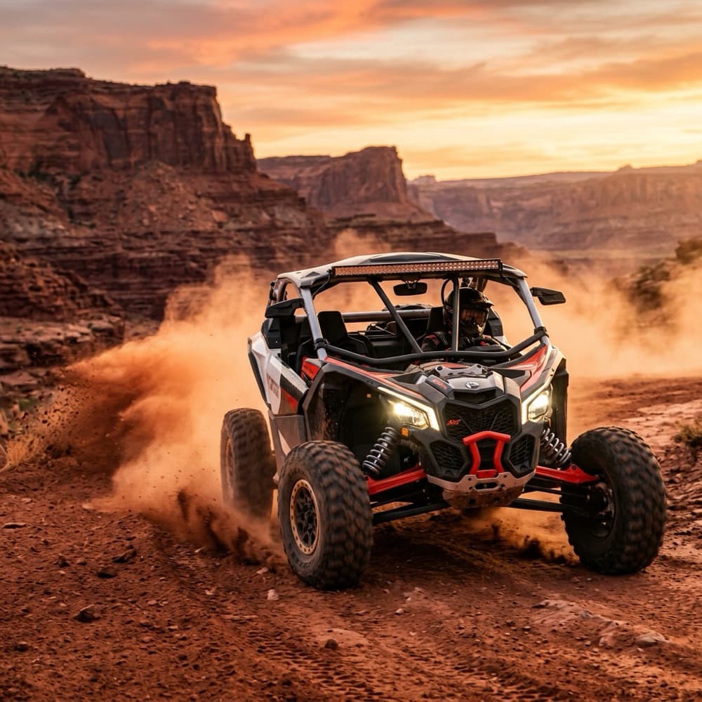 Can-Am Maverick X3 with a roof-mounted LED light bar throwing dust on a red-rock canyon trail at sunset