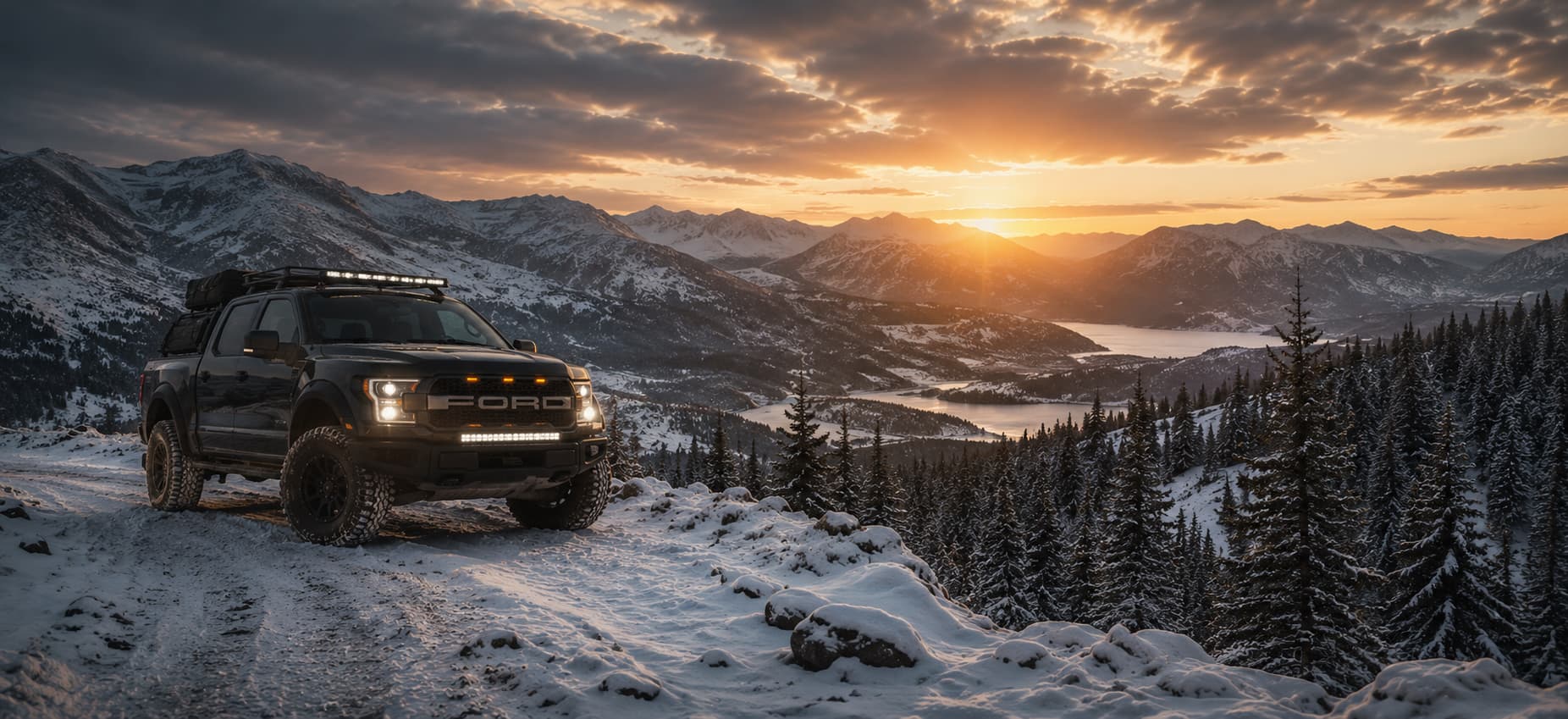 Off-road truck cresting snowy mountain summit at golden hour