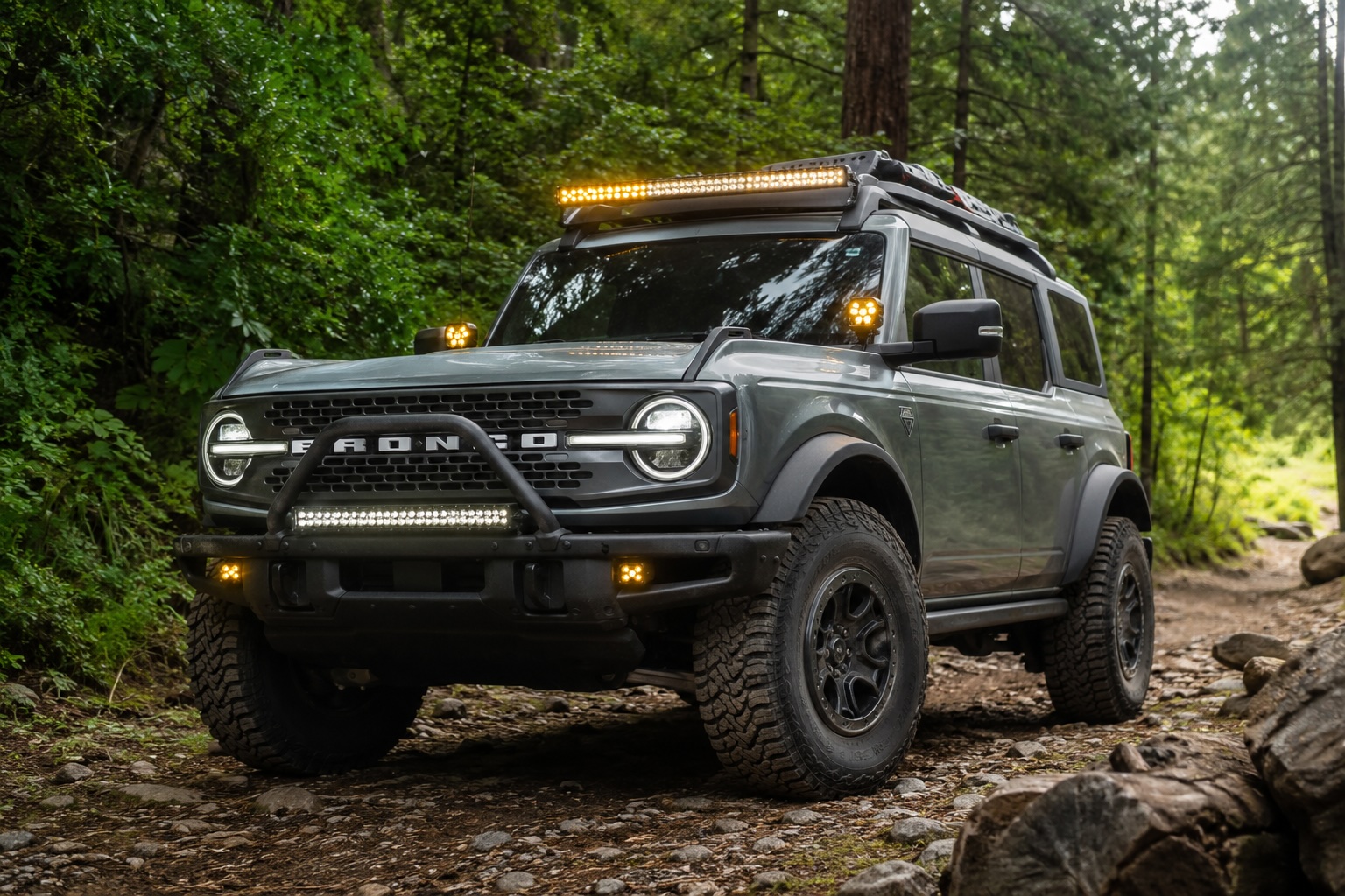 Ford Bronco on a forest trail with LED roof bar, A-pillar pods, and amber bumper lights illuminated